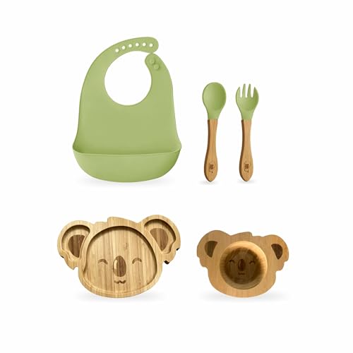 Image of Kids Station Koala Design 5-Piece Silicone Feeding Set for Babies | BPA-Free, Includes Suction Plate, Bowl, Spoon, Fork & Bib | Ideal for Infants & Toddlers (Set of 5 Koala Feeding Set, Green)
