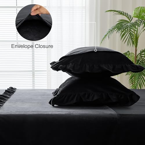 Image of Velvet Plush Flannel Sheet Set - Twin Size 3-Piece - Ruffled Edge Design, 16 Inch Deep Pocket, Anti-Pilling & Fade Resistant - 220 GSM Breathable Luxury All-Season Bedding, Black