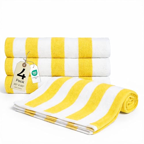 Salt Earth Cotton Striped Beach Cabana Towel 4 Pack - 30x60 Quick Dry Towels Pool Essentials Travel Gym & Bathroom Towels Oversized Beach Vacation Essentials Lemon Yellow