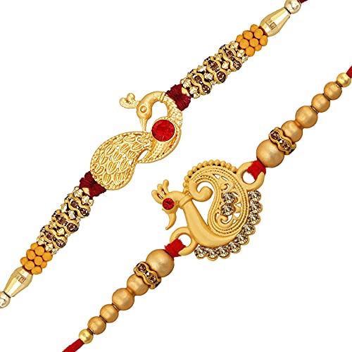 Image of Okos Rakshabandhan Gifts Combo Pack Of 2 Matte Gold Peacock Alloy Rakhi (Bracelet) With Multicolor Crystal Elements- Rakhi For Brother, Bhaiya, Bhai CO1000337C