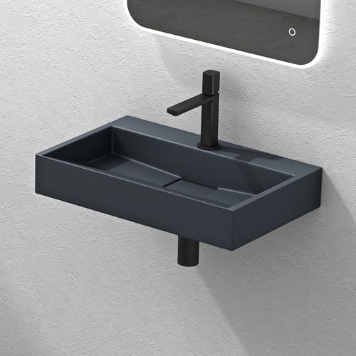 Mai & Mai Waschbecken Matt Anthrazit Aufsatzwaschbecken Hängewaschbecken Hängewaschtisch inkl. Ablaufgarnitur Mineralguss Rechteckig Waschplatz 1 Armaturenloch Breite: 50cm