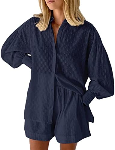 KYLASIEN 2 Piece Outfits For Women Casual Long Sleeve Hollow Out Button Down Shirts High Waisted Shorts Matching Sets KYLASIEN 2 Piece Outfits For Women Casual Long Sleeve Hollow Out Button Down Shirts High Waisted Shorts Matching Sets