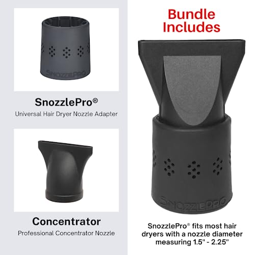 Hair Dryer Concentrator Nozzle Replacement Attachment with SnozzlePro Multi-Fit Nozzle Adapter - Universal Fit for Blow Dryers with a Diameter 1.5” to 2.25" (Bundle, 2 Items)