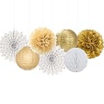 White Gold Party Decorations Streamers - 14pcs Christmas Wedding Engagement Paper Lanterns Fan,Tissue Pom Poms,Honeycomb Balls,Bachelorette Neutral Birthday Baby Bridal Shower Decor Lasting Surprise - Image 4