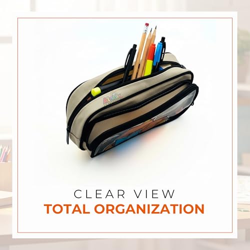 Image of Alokik Enterprise Cute Cartoon Pencil Pouch with Double Zipper & Transparent Window, Large Capacity Fabric Pen Case for School, Office, Students, Kids & Teens (Good Study Off White Pouch)