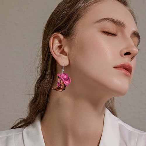 Pink Cowboy Cowgirl Hat Boots Earrings for Women Double-sided Wood Dangle Western Earrings Jewelry Accessories for Cosplay Costume Halloween Party Decorations4