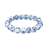 yueton 1Pack Elegant Porcelain Beads Bracelet Chinese Style Celadon Wrist Bracelet Retro Blue Flower Ceramics Bracelet for Women