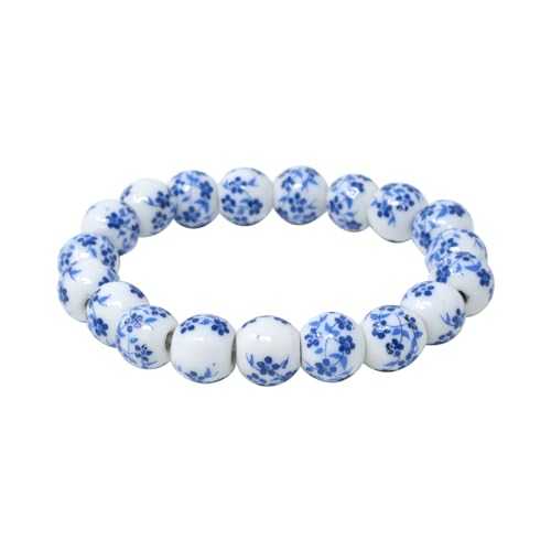 yueton 1Pack Elegant Porcelain Beads Bracelet Chinese Style Celadon Wrist Bracelet Retro Blue Flower Ceramics Bracelet for Women
