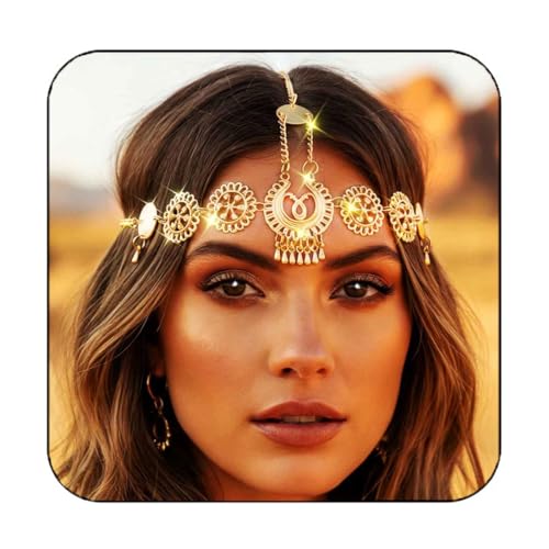 Fashband Boho Kopf Kette Gold Vintage Kopfstück geschnitzt Wasser Tropfen Quaste Haar Zubehör Festival Stirnband für Frauen und Mädchen