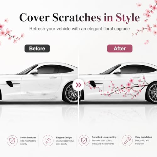 Image of 2PCS Cherry Blossom Car Decals, Large Sakura Side Vinyl Graphics for Cars, Japanese Floral Car Stickers, Waterproof UV Resistant Vehicle Door Decal Set, 70.8 x 23 in, Pink