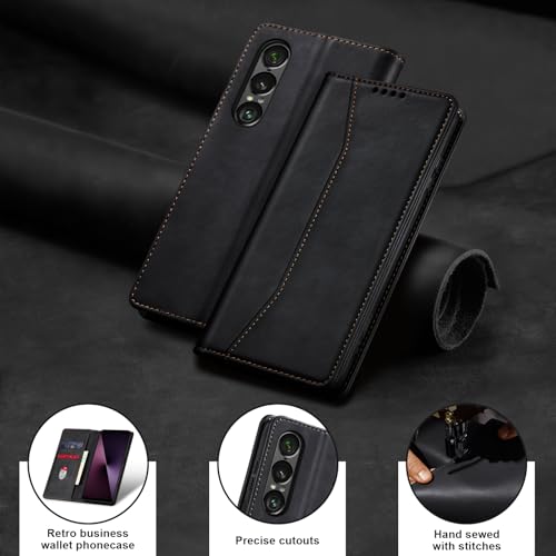 Image of Jasonyu Cover for Sony Xperia 1 VII Flip PU Leather Case Cover Book Wallet Stand Function Magnetic Card Slot TPU Bumper Case (Black)