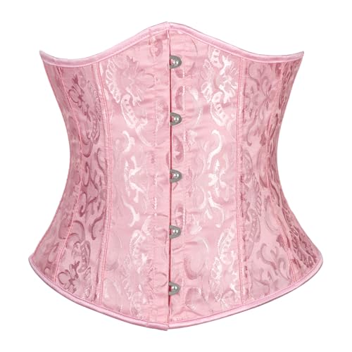TRIWORKS Corset Satin Waist Cincher Lace Up Underbust Corset Boned Brocade Waist Training Halloween M Pink