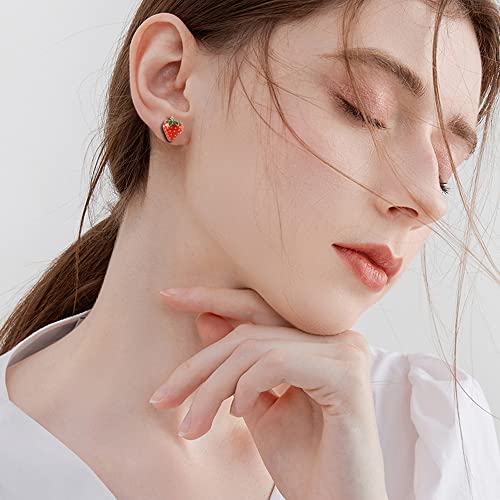 Cute Strawberry Fruits Small Stud Earrings 925 Sterling Silver Post for Women Lovely Funny Red Enamel Lifelike Lucky Mini Cartilage Tragus Hypoallergenic Jewelry Niece Daughter Girlfriend3