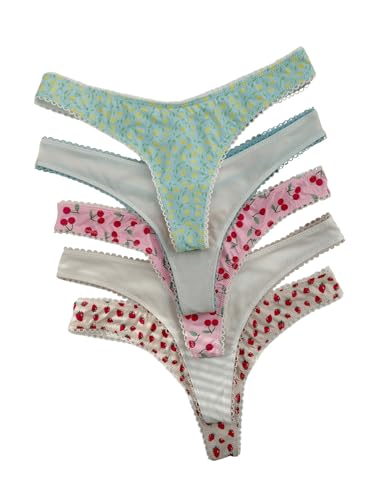 Verdusa Women's 5 Pack Thongs Cute Panties No Show Underwear Low Rise Hipster