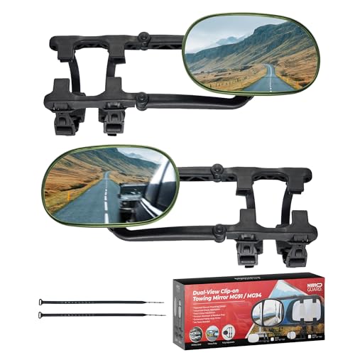 Image of MG91 Dual-Arm Towing Mirrors for Trucks, SUVs, RVs & Trailers | Military Green finish with two securing straps and a rubber strap to help reduce vibration and keep mirrors steady.