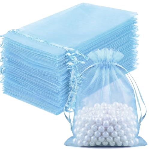 Image of FUNFERY 100PCS Baby Blue Organza Gift Bags 4x6in,Drawstring Jewelry Pouch