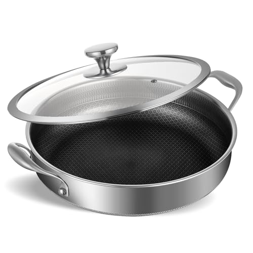 LENND Stainless Steel Saute Pan 30CM Deep Frying Pan Skillet Large Kadai Cookware with Lid Nonstick Honeycomb Cooking Pot with Handles Wok Pan Compatible with All Cooktops Dishwasher Safe