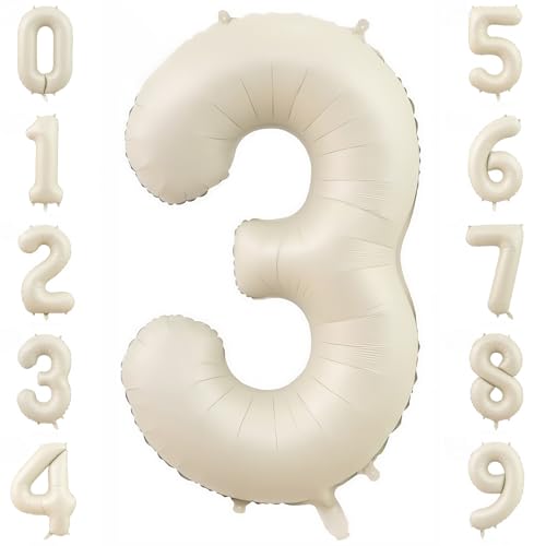 Image of Cream Number 3 Balloons,40 Inch 3 Balloons Giant Helium Foil Mylar Beige 3 Balloon Number for Birthday Party Anniversary Decorations