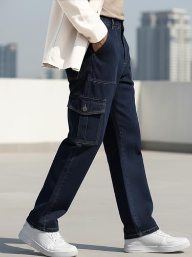 Image of Urbano Fashion Men's Loose Mid Rise Baggy Fit Cargo Jeans with 6 Pockets Non-Stretchable