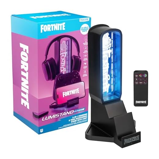 Paladone Fortnite 3-in-1 Kopfhörerständer und Technik-Ladestation mit Konsolen-Controller-Halterung und 2 USB-C-Ports, RGB-Farbwechsel-Lichtpanel, offiziell Lizenziertes Geschenk für Gamer