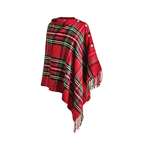 Top It Off Women's Plaid Poncho, Red Royal Stewart Tartan Button Front Wrap