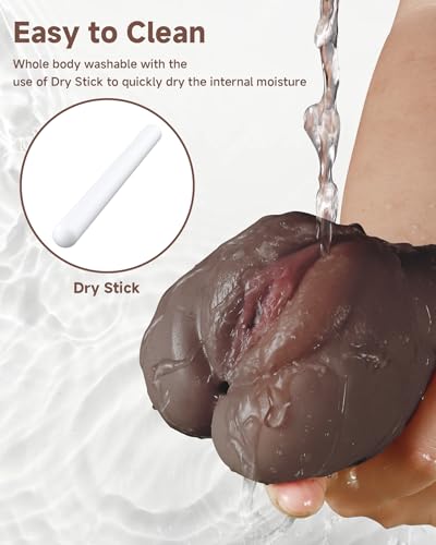 Image of 3 in 1 Pocket Pussy Male Masturbator, Adult Sex Toys with Real Mouth Tongue and Deep Throat, Sex Doll Male Blowjob Stroker with 3D Textured Vagina & Tight Anus & Drying Stick for Pleasure (Dark Brown)