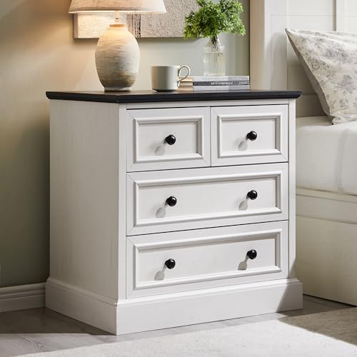 Image of ACCOHOHO 26 inch W Nightstands Set of 2, Farmhouse End Table with 4 Drawers for Storage, Nightstand with Charging Station for Bedroom, Off White