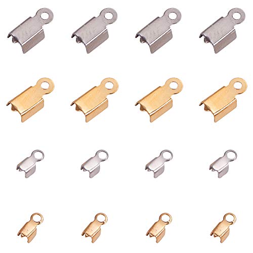 PandaHall Elite About 80 Pcs 304 Stainless Steel Fold Over Cord Ends Terminators Crimp End Tips for Leather 3mm and 4mm for Jewelry Making 2 Colors