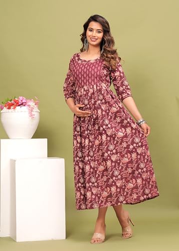 Image of Maternity Feeding Kurti for Women | Cotton Blend Anarkali Dress with Nursing Zip for Pre & Post Pregnancy