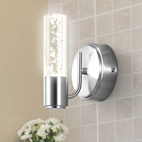 Image of JONATHAN Y 5.5 inch Chrome 1-Light Modern Integrated LED Vanity Light Wall Sconce for Bathroom, Clear Bubble Acrylic Shade Minimalist Art Deco Light for Hallway, Entryway, 4000K JYL7222A