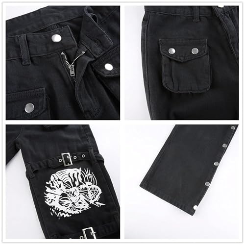 Harajuku Gothic Fashion Patchwork Black Jeans Punk Grunge Aesthetic Women Autumn Electro Pants Emo Printed Streetwear4