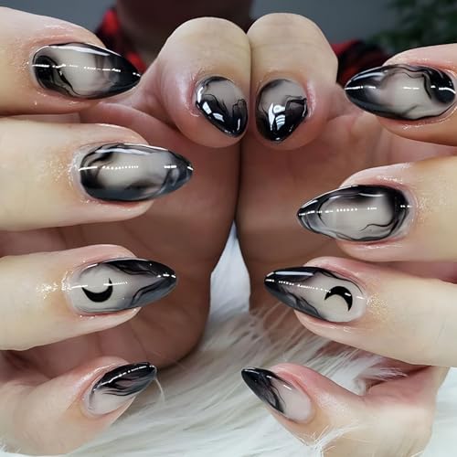 Cosmeria Uñas artificiales para pegar, 24 unidades, prensa de almendras negra gótica, acrílico ABS de, ideal para fiestas y uso diario