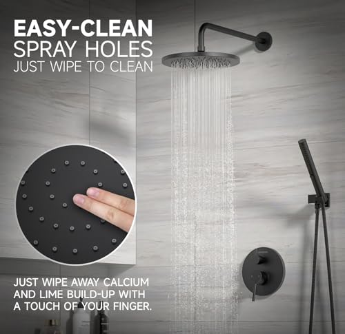Image of Lava Odoro Modern 3-Setting Round Rain Bathtub and Shower Faucet Set, Black Rainfall Shower Head and Handle Set, Rain Shower System with Tub Spout, Shower Valve Trim Kit, Matte Black, SF104-MB-T