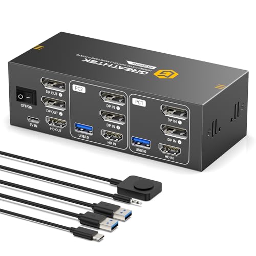 Image of 8K HDMI+Displayport KVM Switch 3 Monitors 2 Computers 8K@60HZ /4K@144HZ USB3.0 KVM Switcher 2 Ports for 2 PC /Laptop Sharing Keyboard&Mouse and 2 Screens, Wired Controller Included,EDID Adapative