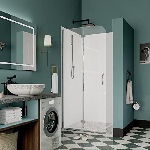 LOVMOR Folding Shower Door, 34" W x 72" H Bi-Fold Glass Bathroom Shower Door, 1/4" Folding Shower Door with Chrome Finish, Reversible Installation