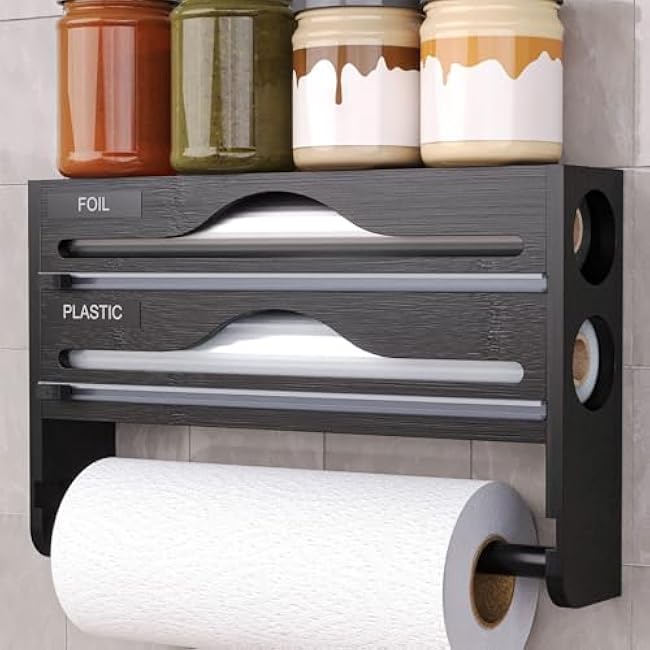 Bambooplasticwrap Cutter, Wall-Mounted Foil Dispenser, Cling Film And Aluminum Foil Organizer, With With Cutter, Reusable Design, 35.2x21.01x7.01cm, For Wrapping