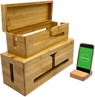 MaDaNg Cable Tidy Box Wood - 2 Pcs Cable Management Box 37x14x14 / 32x11x11cm including Free Gift Phone Stand Holder - Wire Tidy Cable Box - Bamboo Storage Box Suitable for Organising Home and Office