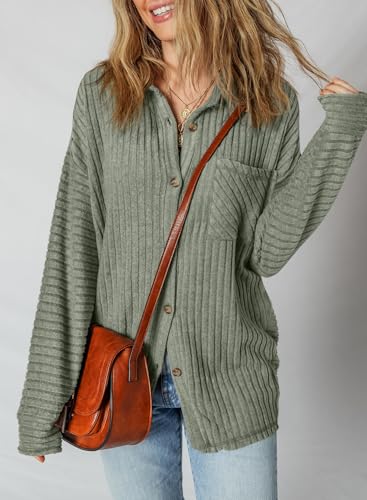 SHEWIN Womens Ribbed Knit Shacket Jacket Casual Long Sleeve Button Down Shirts Loose Sweater Tops Dressy Blouses with Pocket4