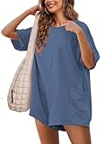 Yeokou Rompers for Women Casual Short Sleeve Oversized Athletic Workout Reversible Hot Shot Tee Romper Deep Pockets(BlueGrey-M)