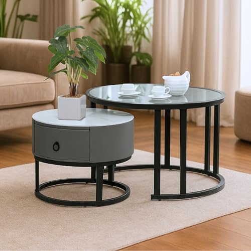 Image of Royaloak Sepang Malaysian Sintered & Glass Coffee Table Set of 2 | Nesting Coffee Table for Living Room with Modern Nested Design, Drawer Storage, Tempered Glass Top & Powder-Coated Metal Frame