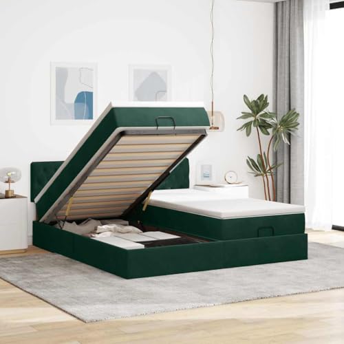 GeenYuu Cama otomana con colchones, color verde oscuro, 200 x 200 cm, terciopelo tapizado con espacio de almacenamiento, somier, cabecero, reposapiés, ahorro de espacio, para dormitorio, montaje