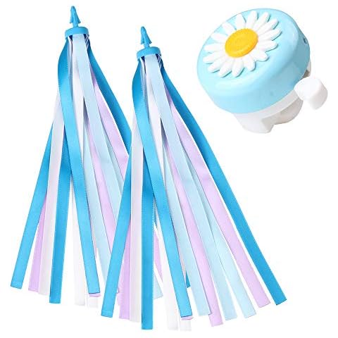 MINI-FACTORY Girl's Bike Bell + Streamer Set, Kid's Bike Bell with Streamers Children's Bike Accessory Gift Set for Bicycle Front Handlebar (Blue - White) Cover