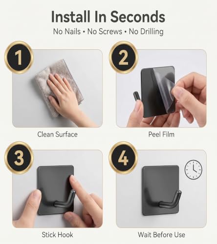 Image of Enclave Heavy Duty Adhesive Hooks, Stick on Wall Adhesive Hangers, Strong Stainless Steel Holder, Self Adhesive Hooks for Kitchen Bathroom Home Door Towel Coat Key Robe. (Cube Black, Pack of 2)