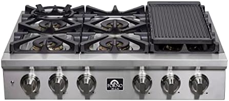FORNO Spezia 36" Inch. Drop-In Range Top with 6 Sealed Dual Brass Burners - Stainless Steel Stove Top Heavy Duty Continuous Cast Iron Grates with Auto-ignition, Griddle, Wok-Ring and LP conversion