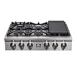 FORNO Spezia 36" Inch. Drop-In Range Top with 6 Sealed Dual Brass Burners - Stainless Steel Stove Top Heavy Duty Continuous Cast Iron Grates with Auto-ignition, Griddle, Wok-Ring and LP conversion
