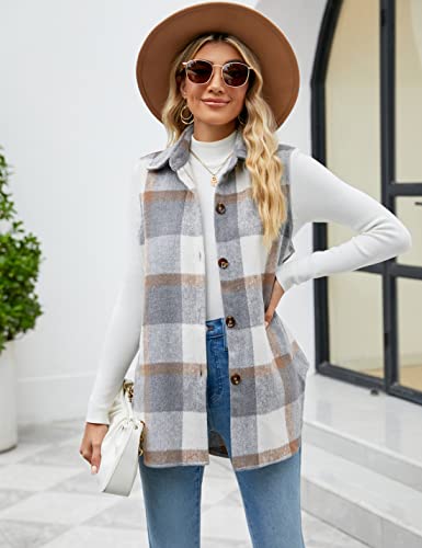 UANEO Womens Fall Flannel Plaid Vest Button Down Sleeveless Shirt Jacket with Pockets