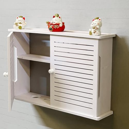 KOOGIMDDR Estantería de pared de 2 niveles para router inalámbrico y caja de cables, elegantes estantes flotantes con persianas de doble puerta, solución de almacenamiento optimizada y decoración del