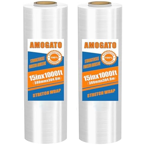AMOGATO Stretch Film for Moving and Packaging - Strong, Residue-Free, Heavy Duty Shrink Wrap Easy to Use with Blue Handles, 2 Pack Clear 15 Inch x 1000 Feet Cover