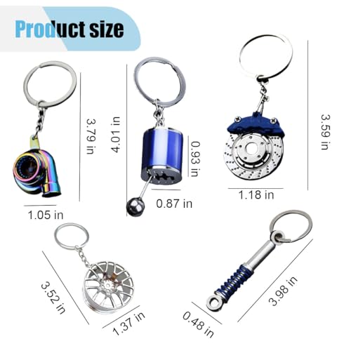 Image of JOYCOURT 5PCS Metal Car Parts Key Chain Set with Brake Rotor, Worm Wheel, Tire Rim, Spring, Manual Gear Shift Box Keychain (Style 2)