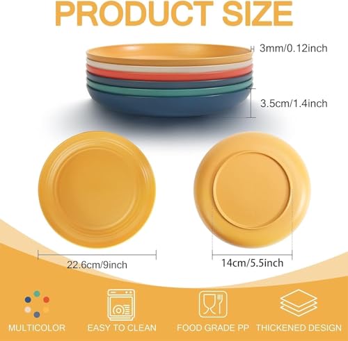 Image of YANCI 20 cm Large Deep Plastic Plates, Unbreakable and Reusable Light Weight Dinner Plates Pasta and Dumpling Bowl Microwave Safe BPA Free Dishwasher Safe, Set of 8, Yellow